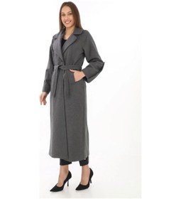 Resim Hazego Uzun Kaşe Kaban Yünlü Dokuma Kaşmir Kumaş, Kruvaze Yaka, Kuşaklı Astarlı Tesettür Uyumlu Şık Kışlık Siyah Model - Füme Füme 