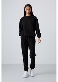 Resim Tommy Life Siyah Basic Pamuklu O Yaka Oversize Lastik Paça Kadın Eşofman Takım - 95287 Siyah 