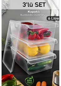 Resim 3 Adet Kapaklı Dolap İçi Buzdolabı Düzenleyici - Meyve Sebze Saklama Kabı Buzdolabı Organizer 6 Lt Şeffaf 