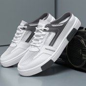 Resim Erkekler için Slip-On Günlük Kaykay Ayakkabıları - Nefes Alabilir Mesh & PU Üst, Hafif Dayanıklı PVC Taban, Beyaz/Siyah Renk Tonlamalı Gri Detaylarla Sokak Giyimi, Yürüyüş ve Dış Aktiviteler İçin Modern Trend Ayakkabılar, Rahat Yuvarlak Burun 