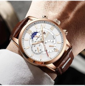 Resim Yingfu Siyah 2021 Lıge Erkek Lüks Deri Saat 24 Saat Ay Fazı Chronograph Spor Su Geçirmez Kuvars Izle+kutu Siyah 