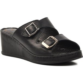 Resim Voyager 9205 Siyah Hakiki Deri Kadın Dolgu Topuk Terlik 001 