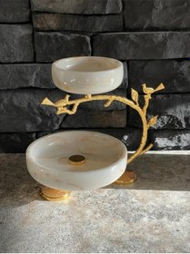 Resim Mermer Dekoratif Gold Aksesuarlı Etajer 2 Katlı İkramlık / Sunum Beyaz 