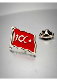 Resim Yörük Tasarım 100. Yıl İhtişamı Bayrak Yaka Rozeti Krom Kaplama Gümüş 