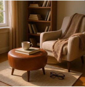 Resim Azra Mobilya Taba Yuvarlak Deri Puf 60 Cm Çap, 46 Cm Yükseklik, Modern Ceviz Ayaklı Taba 