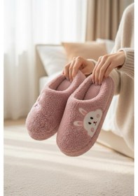 Resim Ft 101 Tavşan Nakışlı Kadın Ev Terliği Peluş Terlik Çeyiz Ve Bohça Terliği Ses Yapmaz Kalın Taban Pudra 
