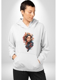 Resim Müzik Dinleyen Kulaklık Yaprak Saçlı Renkli Kadın Erkek Beyaz Kapüşonlu Sweatshirt Hoodie Beyaz 
