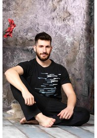 Resim Nisanca Yazlık Kısa Kol %100 Pamuk Erkek Pijama Takımı Siyah 