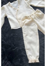 Resim Dantelli Şile Bezi Kız Bebek Çocuk Alt Üst Ekru Yenidoğan Mevlüt 1 Yaş Takım 001 