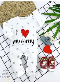 Resim 3-6-9-12 Ay Gümüş Yıldız I Love Mummy Baskılı Uzun Kollu Kız Erkek Bebek Tulumu 001 