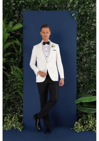 Resim Efor Black 034 Slim Fit Saten Yaka Çift Yırtmaçlı Damatlık Ekru Smokin Ceket Ekru 