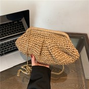 Resim Kadınlar için Hafif Tasarım, Şık Yazlık Plaj Hasır Omuz Çantası - Günlük Kabuk Tasarımı, Zincirli Çapraz Askı, Haki/Fildişi, Kağıt Malzeme, Polyester Astar, Plaj Çantası 