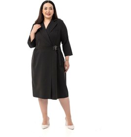 Resim Büyük Beden Kruvaze Yaka Truvakar Kol Pileli Midi Siyah Elbise Siyah 