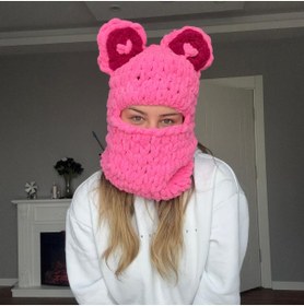Resim Linka Knit Kalpli Kulak Pembe Ayı Kar Maskesi, Kışlık Balaklava, Tavşan Kulaklı Maske 