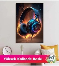 Resim Mgi Design Neon Işıklı Alevli Kulaklık Kanvas Tablo, Müzik Temalı, Genç Odası ve Ofis, 50x70 cm 