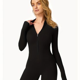 Resim Tam Fermuarlı Uzun Kollu Yoga Tulumu - Tam Vücut Antrenman Bodysuit'i, Tam Boy Fermuarlı, Yüksek Esneklikte Tam Kapsama Spor Kıyafeti Sıcak Yoga, Pilates, Jimnastik & Dans için - İlkbahar/Sonbahar/Yaz Atletik Giyim 