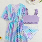 Resim 3 adet Kız Mayo Seti - Omuzdan Düşük Mavi ve Pembe Denizkızı Kapak ile Ruffle Detay, Yüksek Esneklikli Kumaş, Strapless Tasarım Plaj ve Havuz için, Küçük ve Büyük Kızlar için Sevimli Mayo, Banyo Kıyafetleri 