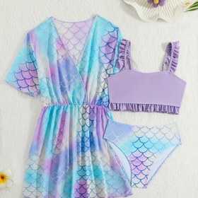 Resim 3 adet Kız Mayo Seti - Omuzdan Düşük Mavi ve Pembe Denizkızı Kapak ile Ruffle Detay, Yüksek Esneklikli Kumaş, Strapless Tasarım Plaj ve Havuz için, Küçük ve Büyük Kızlar için Sevimli Mayo, Banyo Kıyafetleri 