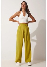 Resim Trend Alisse Kadın Yağ Yeşili Beli Cırt Cırtlı Pileli Bol Paça Palazzo Pantolon Wide Leg Yeşil 
