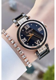 Resim Freelook FLISTE11 Siyah Çelik Kordon 5 ATM Su Geçirmez Kadın Kol Saati + Bileklik 