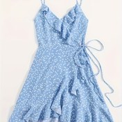 Resim Kadınlar için Mavi ve Beyaz Puantiyeli Ön Bağlı Kayış Tatil Elbisesi - Hafif A Kesim Fırfır Kollu Bluz, Nefes Alabilen Polyester-Spandeks Karışımı ile, Bahar Yaz Sonbahar Plaj Gezileri için Makinede Yıkanabilir 