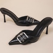 Resim Kadınların Siyah Burunlu Yüksek Topuklu Ayakkabıları Toka Süsü ile - Punk Tarzı İnce Topuklu Mules, Yaz için Kaydırmaz Stiletto Sandaletler, Sahte Kapak, Yaz Ayakkabıları | Toka Detayı | Kauçuk Taban 