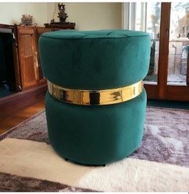 Resim Yaren Home Dizayn Puf Lüks Silinebilir Kumaş Kapitoneli Gold Detaylı Yeşil 