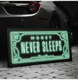 Resim Money Never Sleeps Neon Işıklı Şeffaf Pleksi 
