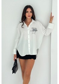 Resim Asprin Fashion Dril Kumaş Paradise Baskılı Taşlı Gömlek Gümüş Gümüş 