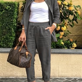 Resim Kadınların Şık İki Parçalı Seti: Tatil için Mükemmel, Uzun Kollu Düğmeli Gömlek ve Pantolon, Polyester, Düz Renk, Rahat Kesim, Tüm Mevsimler İçin Giyim, Rahat Kıyafet|Rahat Kesim Gömlek|Polyester Kumaş 