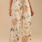 Resim Kadınlar için Tropikal Ay, Yıldız ve Ayçiçeği Baskılı Bohem Geniş Paça Pantolon - Sahte İp Detaylı Rahat Zilli Alt Paça Pantolon, Hafif Polyester, İlkbahar/Yaz/Sonbahar İçin Mükemmel, Gevşek Kalıp Giyim | Sanatsal Esintili Pantolon | Sahte İp Detayı, Sevimli Pantolon 