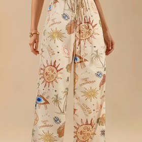 Resim Kadınlar için Tropikal Ay, Yıldız ve Ayçiçeği Baskılı Bohem Geniş Paça Pantolon - Sahte İp Detaylı Rahat Zilli Alt Paça Pantolon, Hafif Polyester, İlkbahar/Yaz/Sonbahar İçin Mükemmel, Gevşek Kalıp Giyim | Sanatsal Esintili Pantolon | Sahte İp Detayı, Sevimli Pantolon 