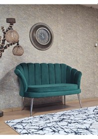 Resim Zafir İkili İstiridye Krom Kaplama Sivriltme Ayak Çay Seti Koltuk Tekli Berjer , İkili Berjer Koltuk Yeşil 