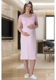 Resim Mecit Pijama Mecit 6013 Kadın Hamile Lohusa Pembe Dantelli Kısa Kollu Gecelik 001 