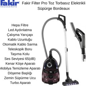 Resim Fakir Filter Pro Toz Torbasız Elektrikli Süpürge Bordeaux + Aprilla Şarjlı Araç Süpürge Hediye 