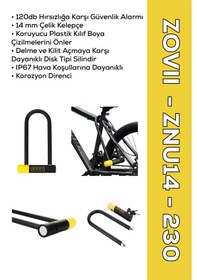 Resim Znu14-230 Sarı 120 Db Alarmlı Motosiklet U Kilidi - 14 Mm Çelik, Korozyon Dirençli, Ip67 U Kilit 