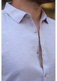 Resim Erkek Çizgi Desenli Uzun Kollu Pamuklu Keten Gömlek Taba 