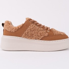 Resim Muggo Fleecy Kalın Taban Bağcıklı Peluş Detaylı Kadın Kışlık Sneaker Spor Ayakkabı Taba 