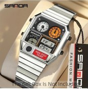 Resim Fastbuy Sanda Erkek Saati Digital Performans Altın Cift Ekran Paslanmaz Bant, Silvery White Kare Altın 