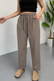 Resim COMBİNE MİCHAİL Kadın Beli Lastikli Bol Vizon Keten Pantolon - Füme / L 