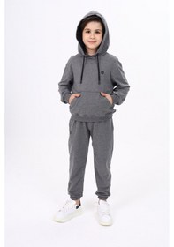 Resim Toontoy Kids Toontoy Erkek Çocuk Relax Fit Kapüşonlu Cepli Hafif Düşük Omuz Baskılı Sweatshirt - 2 İplik Antrasit 