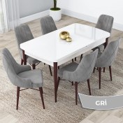 Resim Canisa Concept Lia Serisi, 80 x 132 cm Açılabilir Mutfak Masa Takımı, Beyaz Masa Ceviz Ayak 6 Sandalye 
