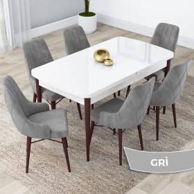 Resim Canisa Concept Lia Serisi, 80 x 132 cm Açılabilir Mutfak Masa Takımı, Beyaz Masa Ceviz Ayak 6 Sandalye 