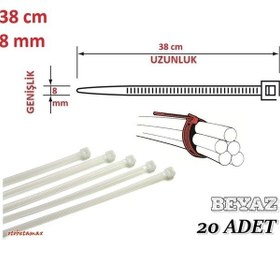 Resim 20 Adet Pemsan 38Cm X 8Mm Plastik Cırt Kelepçe Beyaz 