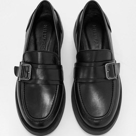 Resim Neva Siyah Hakiki Deri Gümüş Tokalı Kadın Loafer Siyah 