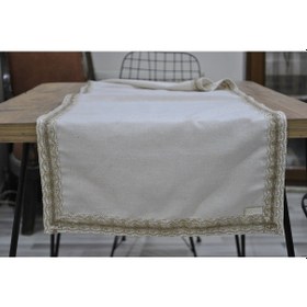 Resim Dnc Home Tekstil Ndchome Özel Tasarım Organik Keten Krem Kum Rengi Dantelli Runner Masa Örtüsü 45 X 150 Krem 