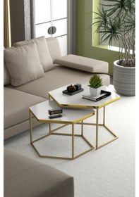 Resim Orta Sehpa Altıgen İkili Lüx Gold Beyaz Çok Renkli 