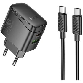 Resim Hoco. Cs61a Bright 30w 1 Adet Type-c Ve 1 Adet Usb 3.0 Qc Çıkışlı Ekstra Type-c To Type-c Kablolu Pd Hızlı Şarj Aleti - Siyah 
