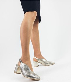 Resim Hakiki Deri Altın Renk Lazer Kesim Kalın Topuk Kadın Topuklu Sandalet Altın 