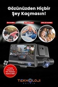 Resim Araç İçi Kamera 4'' Lcd Ekran 3 Kameralı 170° Geniş Açı 1080p G-Sensör Gece Görüşlü Uyumlu Yol Kayıt 